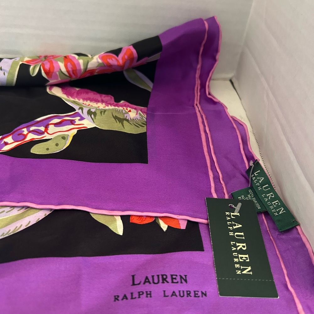 Lauren Polo Ralph Lauren 100% Silk Floral Purple Pink Scarf New with Tags